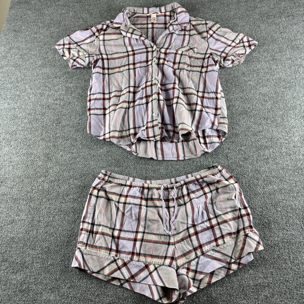 Victoria's Secret Pajama Set Womens M Purple Plaid Button Top Lounge Shorts